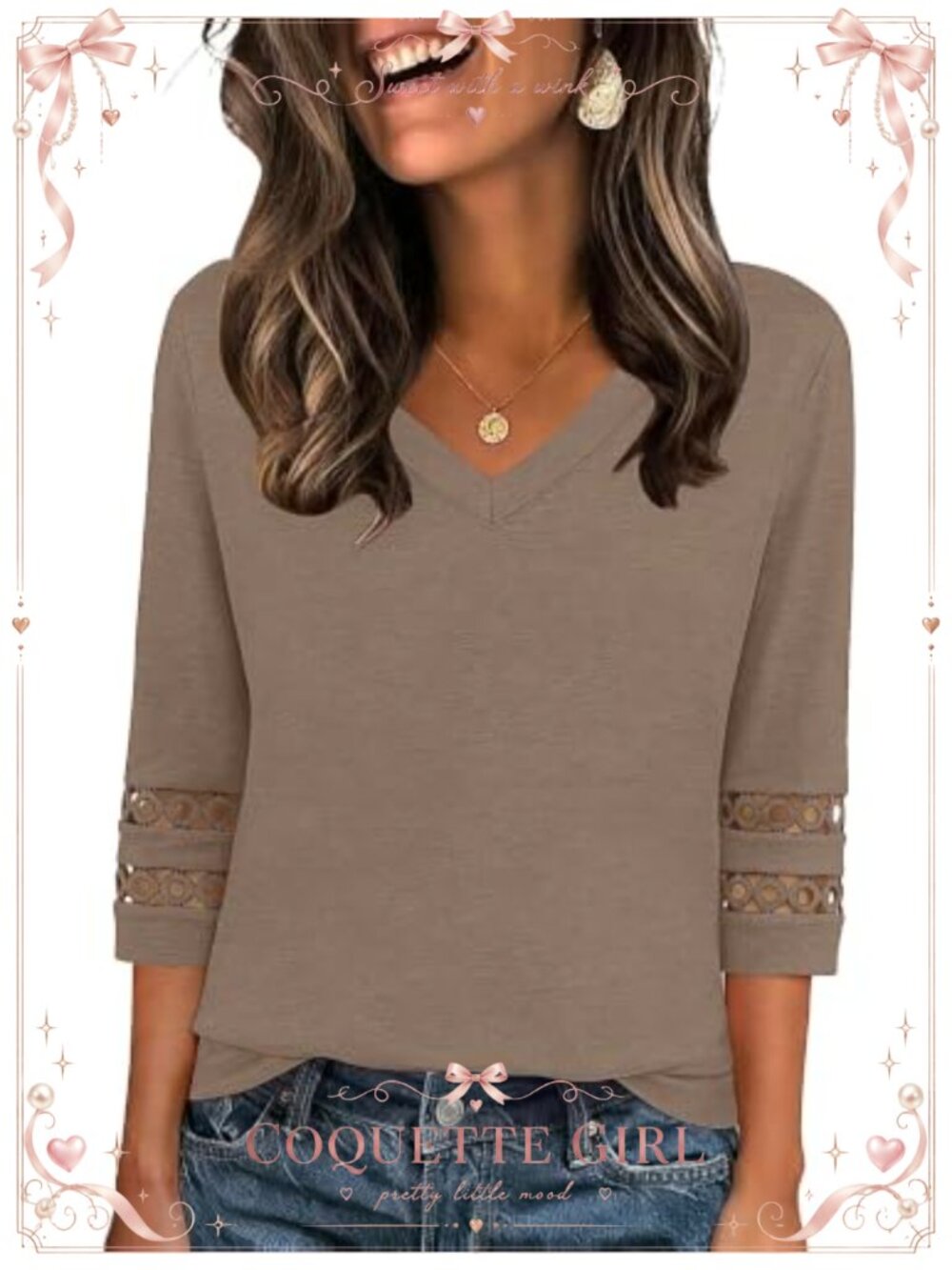 Eyelet 3/4 Sleeve V Neck Dressy Casual Blouse Summer Work Top